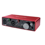 A Focusrite Scarlett 2i2 audio interface, a popular choice for recording Sinhala Dhamma audiobooks.