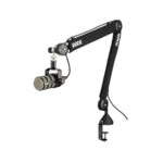 A boom arm holding a microphone in a recording studio. Boom arms are used to position microphones in the ideal spot for recording Sinhala Dhamma audiobooks.