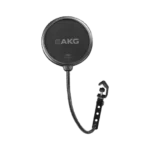 Pop filters on microphones in a recording studio. Pop filters are used to reduce plosives, which are the popping sounds that can occur when pronouncing certain consonants, such as "p" and "b."